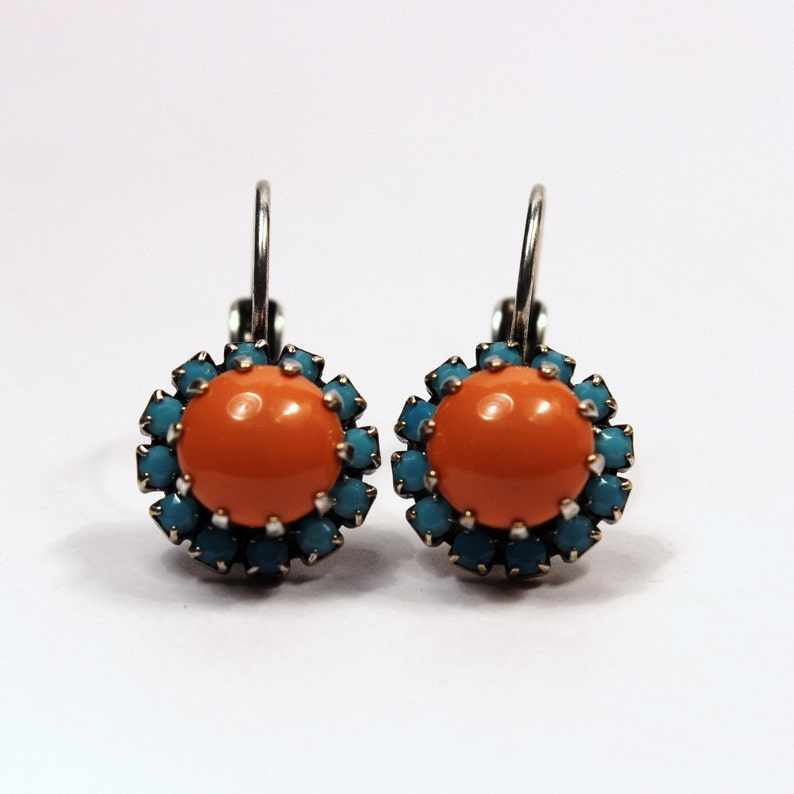 Coral & Turquoise Blue Crystal Dangle Earrings Bright Orange Swarovski Pearl Drops Studded Rhinestone Crown Tropical Punch Native American image 2