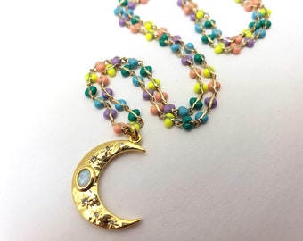 Opal & Gold Moon Rainbow Necklace Pastel Enamel Beaded Chain 14K Fill Magnetic Clasp Delicate Layering Celestial Crescent October Birthstone