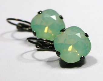 Mint Green Opal Crystal Drop Earrings Classic Sparkling Teal Seafoam Solitaire Swarovski 10mm or 12mm Dark Oxidized Gunmetal Finish Diamond