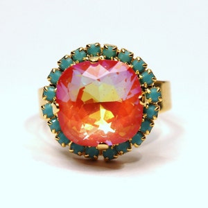 Tangerine & Caribbean Blue Ring Sparkling Bright Orange Solitaire Swarovski 12mm Studded Rhinestone Crown Tropical Punch Cocktail Gold Bold image 2