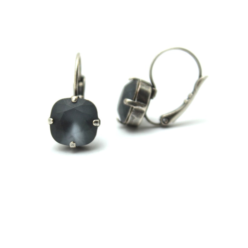 Graphite Crystal Drop Earrings Cool Soft Matte Gray Grey Solitaire Swarovski 10mm 12mm Square Cushion Cut Leverback Frosted Kitten Dusky image 3