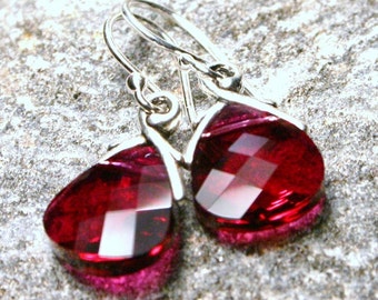 Ruby Red Crystal Earrings Swarovski Briolette Teardrop Sterling Silver Garnet January July Birthstone Valentine Love Scarlett Cardinal