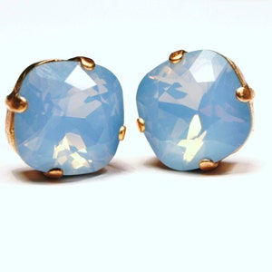 Blue Opal Crystal Stud Earrings Classic Sparkling Pale Pastel Baby Sky Solitaire Swarovski 12mm or 10mm Sterling Post Copper Gifts Under 20 zdjęcie 2