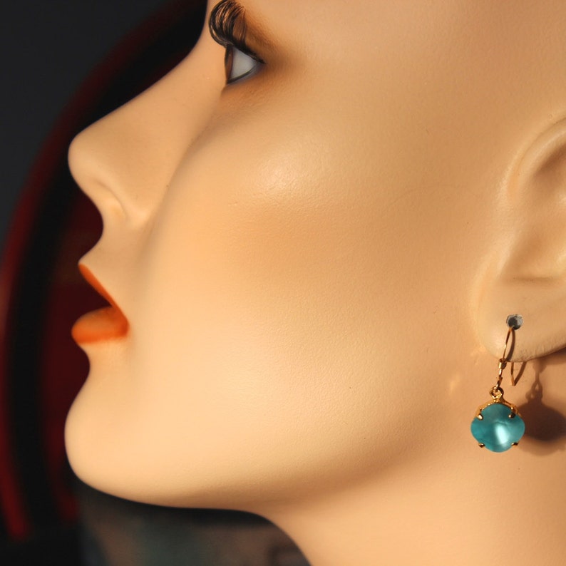 Matte Turquoise Crystal Dangle Earrings Classic Sparkling Teal Blue Etched Solitaire Dangle Sterling Silver 14k Rose Gold Filled image 3