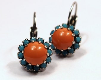 Coral & Turquoise Blue Crystal Dangle Earrings Bright Orange Swarovski Pearl Drops Studded Rhinestone Crown Tropical Punch Native American