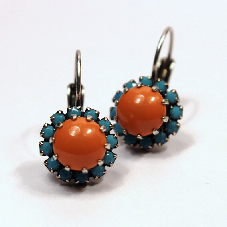 Coral & Turquoise Blue Crystal Dangle Earrings Bright Orange Swarovski Pearl Drops Studded Rhinestone Crown Tropical Punch Native American image 1