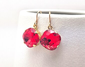 Bright Lt Siam Red Crystal Dangle Earrings Classic Sparkling Crimson Solitaire Swarovski 10mm 12mm Drop Sterling Silver Gold Rose Cerise