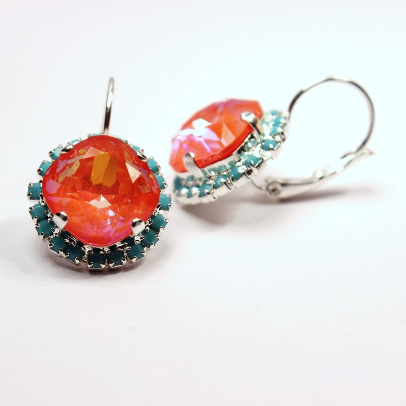 Tangerine & Caribbean Blue Crystal Dangle Earrings Sparkling Bright Orange Solitaire Swarovski 12mm Studded Crown Tropical Punch Silver Gold image 4