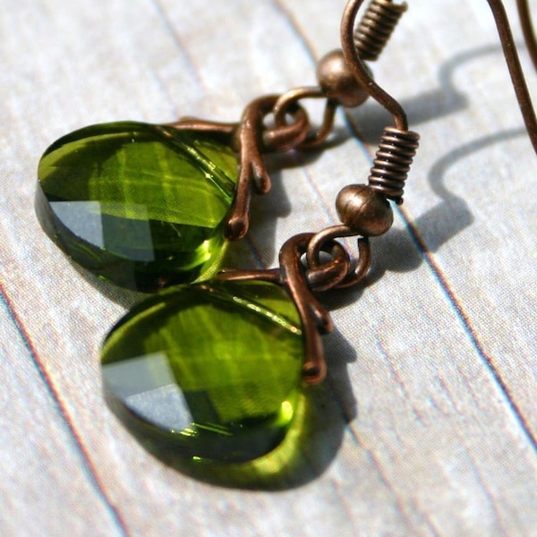 Olive Green Crystal Earrings Mossy Olivine Swarovski Flat Briolette Drop Warm Rustic Copper Simple Dangle Earthy Woodland by walkonthemoon