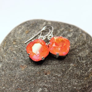 Bright Orange Crystal Dangle Earrings Classic Sparkling Tangerine Solitaire Swarovski 12mm or 10mm Drop Sterling Silver Gold Women's Jewelry image 4