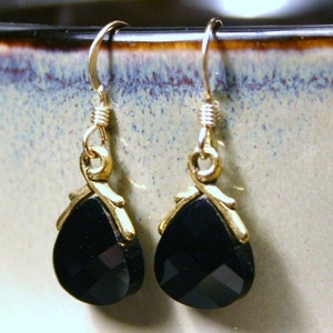 Jet Black and Gold Crystal Earrings Blackbird Flat Briolette 14K Gold Fill Swarovski Petite Dangle Everyday Accessory Gifts Under 25 for her image 3