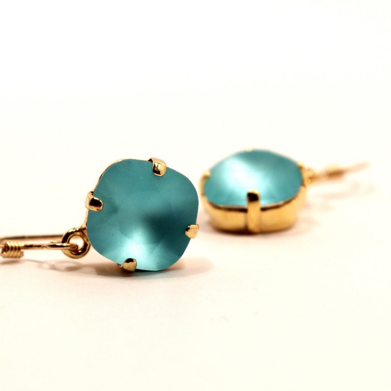 Matte Turquoise Crystal Dangle Earrings Classic Sparkling Teal Blue Etched Solitaire Dangle Sterling Silver 14k Rose Gold Filled image 5