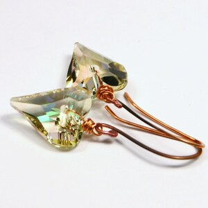 Luminous Green Wild Heart Earrings Swarovski Crystal Pastel Rainbow Translucent Glowing Love Valentine Bright Copper Wrapped Feminine Spring image 2