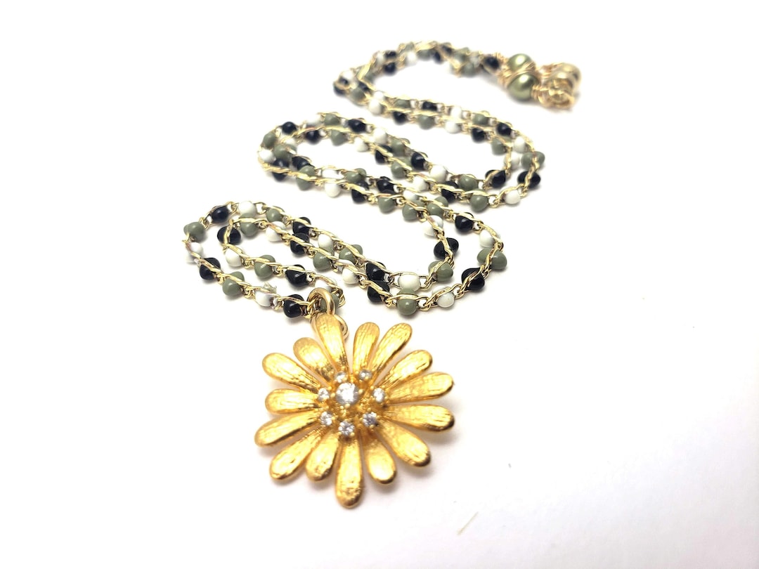 Gold Sunflower Necklace Enamel Beaded Chain 14K Gold Fill