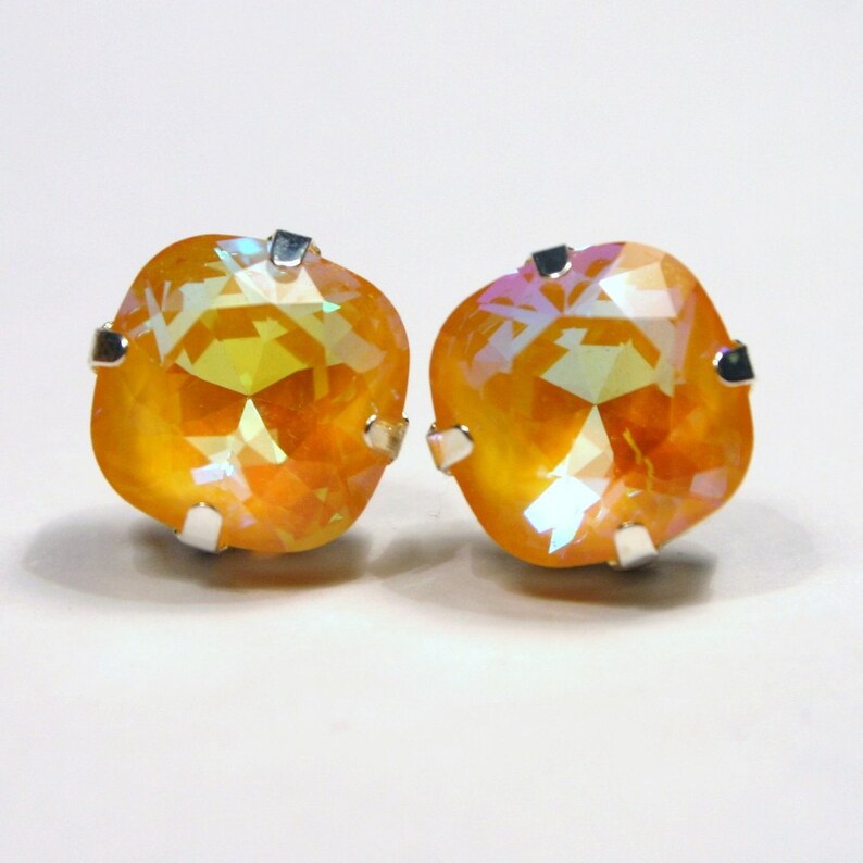 Bright Yellow Crystal Stud Earrings Classic Sparkling Golden Etsy