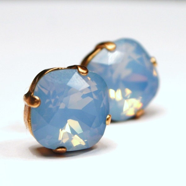 Blue Opal Crystal Stud Earrings Classic Sparkling Pale Pastel Baby Sky Solitaire Swarovski 12mm or 10mm Sterling Post Copper Gifts Under 20
