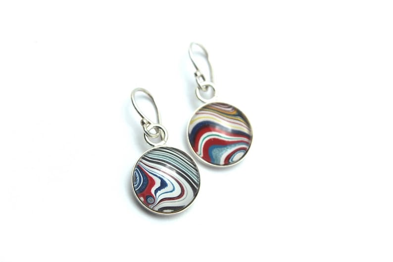 Harley Davidson Fordite Earrings Genuine Bright Red White Blue Swirl Delicate Dangles Sterling Silver Motor City Agate Recycled Pair Matched