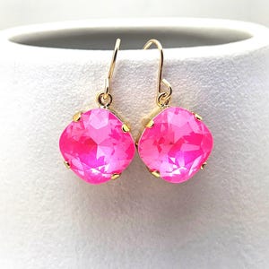 Electric Pink Crystal Dangle Earrings Classic Sparkling Neon Pink Solitaire 10mm 12mm Drop Sterling Silver Gold Rose Cerise Beachy Austrian