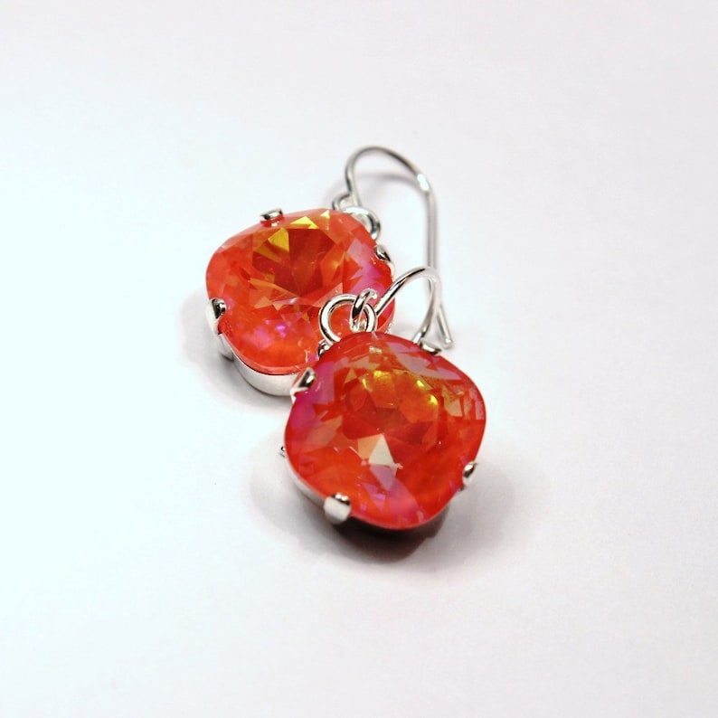 Bright Orange Crystal Dangle Earrings Classic Sparkling Tangerine Solitaire Swarovski 12mm or 10mm Drop Sterling Silver Gold Women's Jewelry image 1