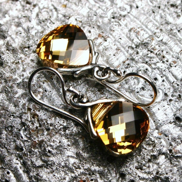 Metallic Gold Crystal Earrings Swarovski Aurum Flat Briolette Drop Chevron Arrow & Sterling Silver Petite RARE Hunger Games Inspired Katniss