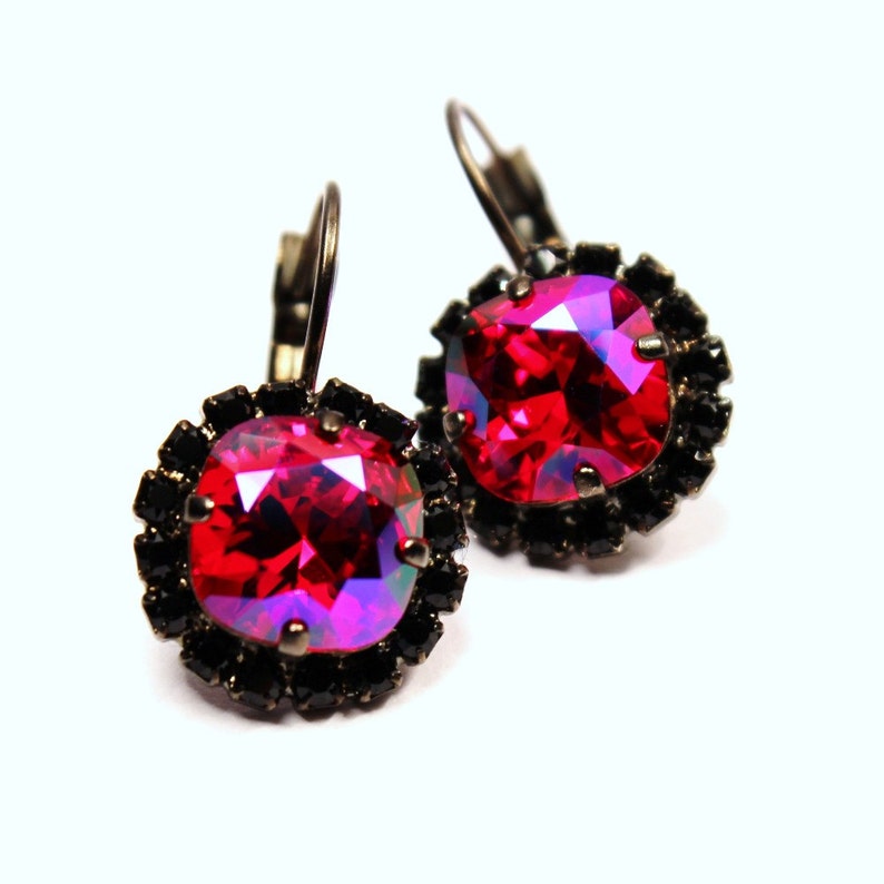 Hot Pink Crystal Dangle Earrings Classic Sparkling Et Black - Etsy
