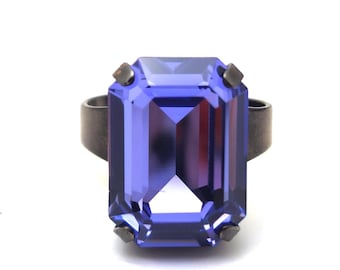 Austrian Crystal Cocktail Ring Tanzanite Octagon Amethyst Purple Noir Black Aubergine Grape Lilac Lavender Periwinkle Gold Metallic Silver