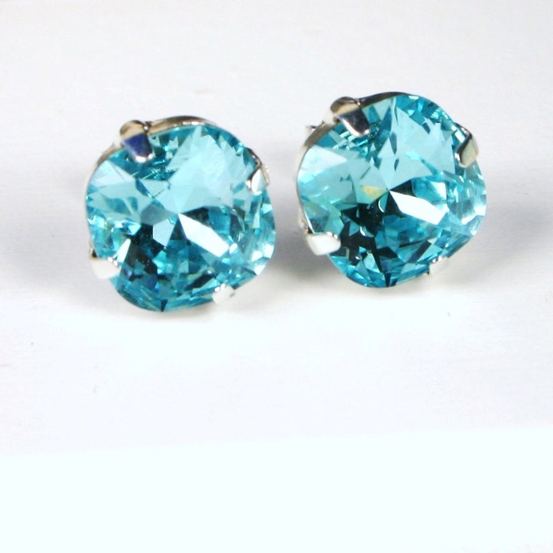 Turquoise Blue Crystal Stud Earrings Classic Sparkling Placid Aqua Solitaire 10mm Sterling Silver Post & Copper Women's Jewelry image 2