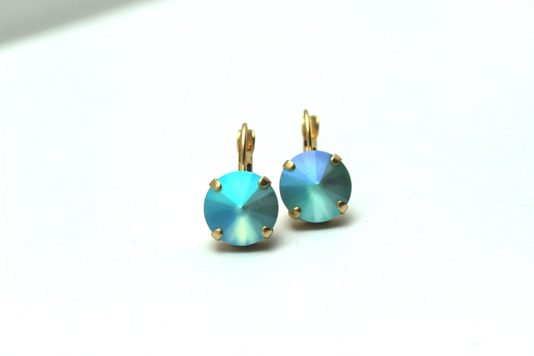 Turquoise Blue Matte Crystal Pastel Round Rivoli Drop Earrings - Etsy