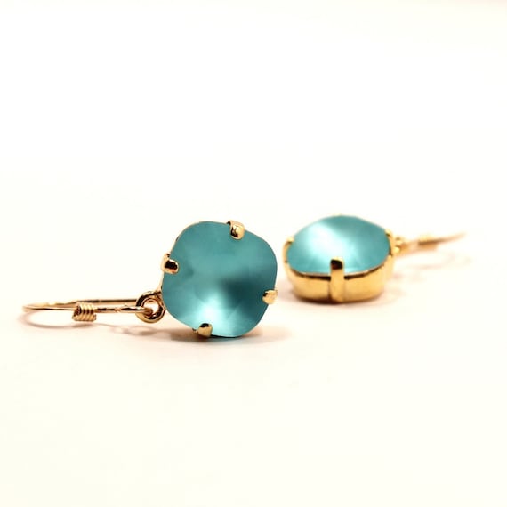 Matte Gold Dangle Earrings With Faux Pearl & Turquoise - Handmade Pierced Chandelier Style