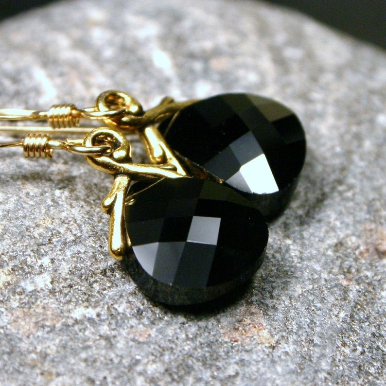 Jet Black and Gold Crystal Earrings Blackbird Flat Briolette 14K Gold Fill Swarovski Petite Dangle Everyday Accessory Gifts Under 25 for her image 4