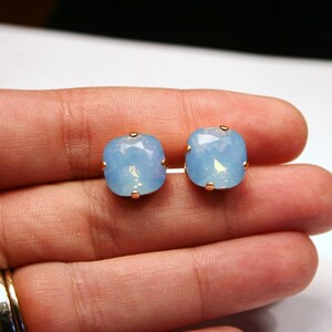 Blue Opal Crystal Stud Earrings Classic Sparkling Pale Pastel Baby Sky Solitaire Swarovski 12mm or 10mm Sterling Post Copper Gifts Under 20 zdjęcie 4