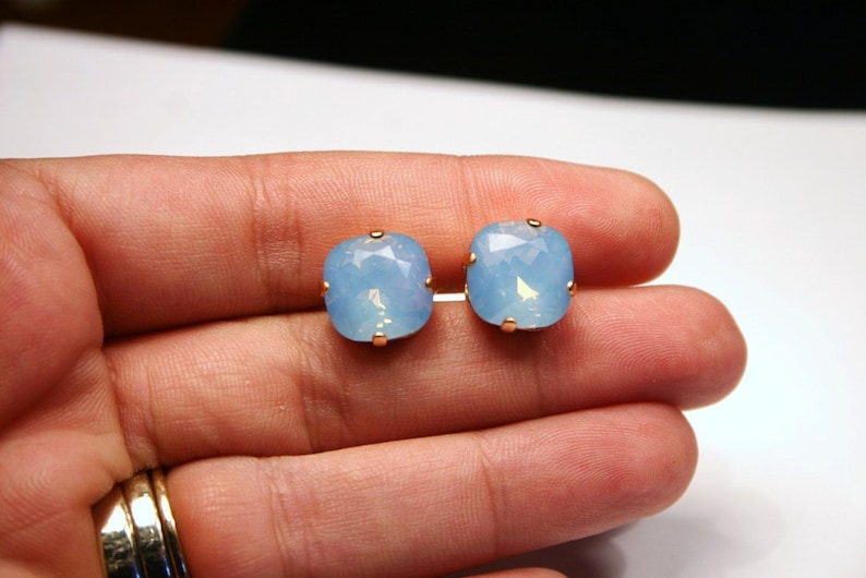 Blue Opal Crystal Stud Earrings Classic Sparkling Pale Pastel Baby Sky Solitaire Swarovski 12mm or 10mm Sterling Post Copper Gifts Under 20 zdjęcie 4