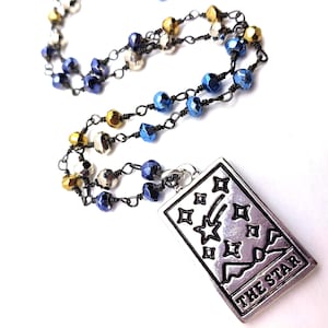 The Star Tarot Card Necklace Pyrite Gunmetal Pewter Sterling Silver Beaded Metallic Blue Gold Romantic Boho Layering Gypsy Magick