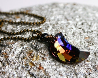 Purple Moon Necklace Rare Celestial Autumn Swarovski Crystal Crescent Wrapped Antiqued Brass Women's Jewelry Warm Fall Tones Halloween Star