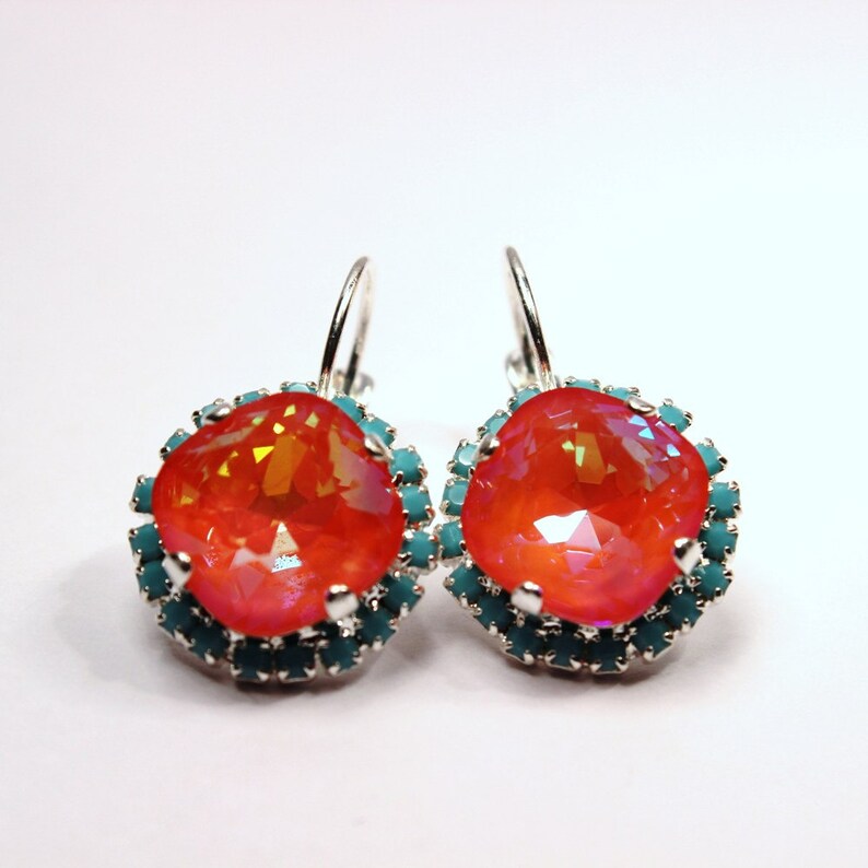 Tangerine & Caribbean Blue Crystal Dangle Earrings Sparkling Bright Orange Solitaire Swarovski 12mm Studded Crown Tropical Punch Silver Gold image 2