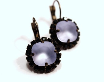 Lilac Purple Crystal Dangle Earrings Classic Sparkling Jet Black Frosted Violet Solitaire Swarovski Studded Rhinestone Crown Fancy Sparkle