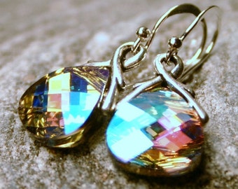 Pastel Rainbow Crystal Earrings CAL AB Swarovski Flat Briolette Sterling Silver Petite Dangle Pink Aqua Lilac Yellow Gifts Glowing Under 25