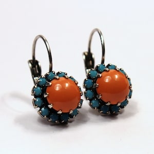 Coral & Turquoise Blue Crystal Dangle Earrings Bright Orange Swarovski Pearl Drops Studded Rhinestone Crown Tropical Punch Native American image 4