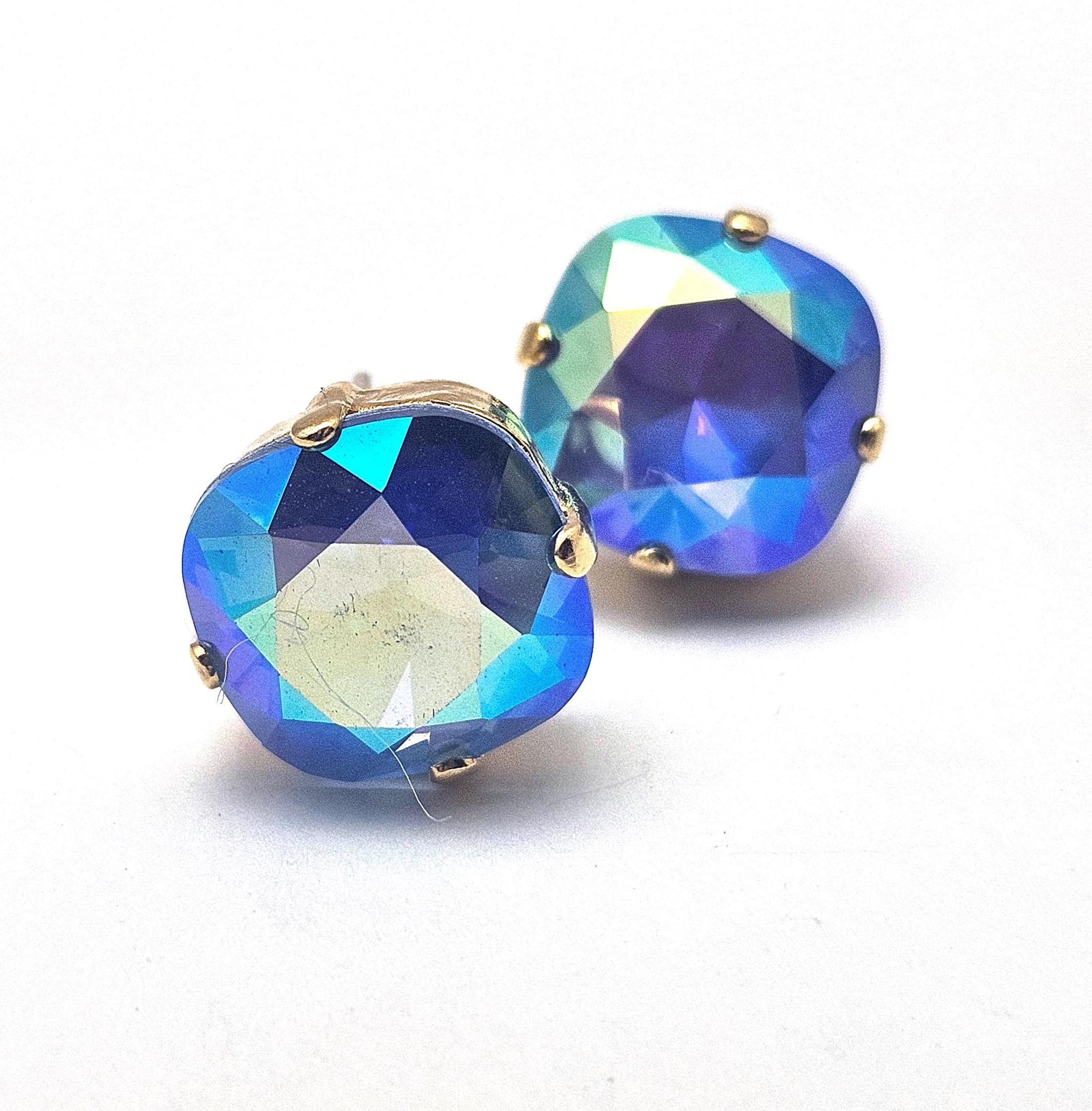 Electric Blue AB Crystal Stud Earrings Sparkling Bright Neon