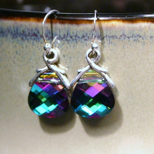 Electra Crystal Drop Earrings Swarovski Flat Briolette Petite Dangle Turquoise Hot Pink Fuchsia Purple Teal Gold Flash Shimmer Sparkly Gift