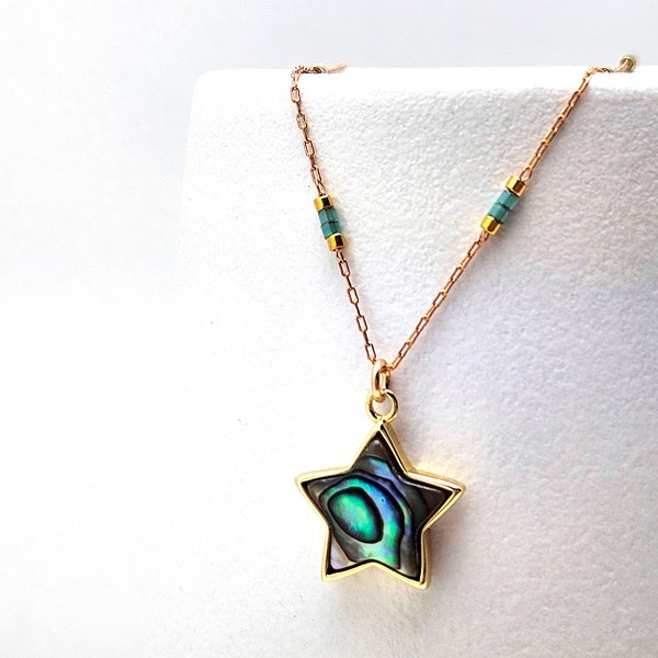 Abalone Star Necklace Natural Shell Gold Iridescent Blue Aqua Green Black Miyuki Seed Bead Brass Celestial Night 14K Gold Filled Lunar