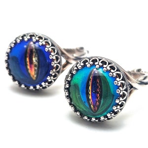 May include: Two silver rings with blue and green iridescent glass eyes. The rings have a decorative filigree design around the eyes.