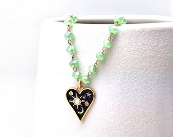 Opal Satellite Necklace Pastel Enamel Beaded Chain 14K Gold Fill Magnetic Clasp Black Heart Moon Celestial Zodiac Sapphire Mint Green TPWK