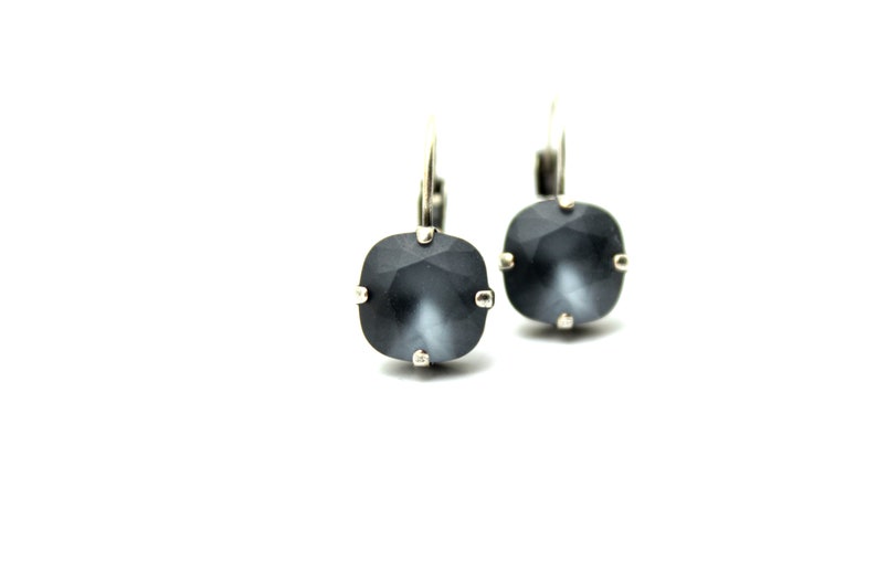 Graphite Crystal Drop Earrings Cool Soft Matte Gray Grey Solitaire Swarovski 10mm 12mm Square Cushion Cut Leverback Frosted Kitten Dusky image 1