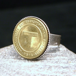 Boston MA - Muggers, Lovers & Thieves - Mass Massachusetts Subway MBTA T Token - Golden Brass Adjustable Cocktail Ring