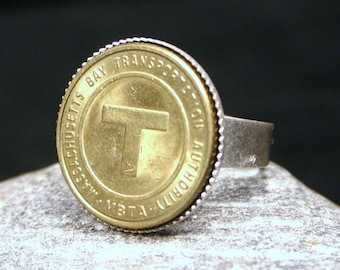Boston MA - Muggers, Lovers & Thieves - Mass Massachusetts Subway MBTA T Token - Golden Brass Adjustable Cocktail Ring