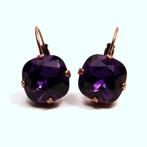 Dark Royal Purple Crystal Drop Earrings Square Sparkling Aubergine Grape Solitaire Swarovski 10mm 12mm Eggplant Autumn Fall Indigo Velvet image 2