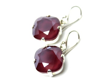 Cranberry Red Crystal Dangle Earrings Classic Sparkling Merlot Wine Dark Solitaire Swarovski 10mm Drop Sterling Silver 14k Rose Gold Filled