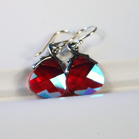 Ruby crystal briolette earrings sterling silver fuchsia magenta pink teardrops 