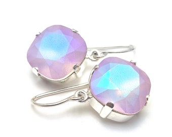 Violet Frost Crystal Dangle Earrings Amethyst Purple Pink Pastel Matte Light Glowing Solitaire Austrian 12mm Sterling Silver Gold Jewelry